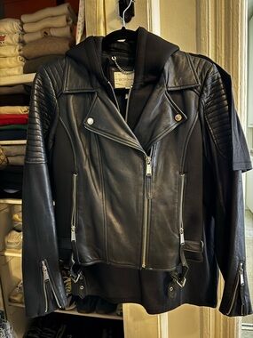 BCBGeneration Black Leather Moto Jacket with Removable Hood